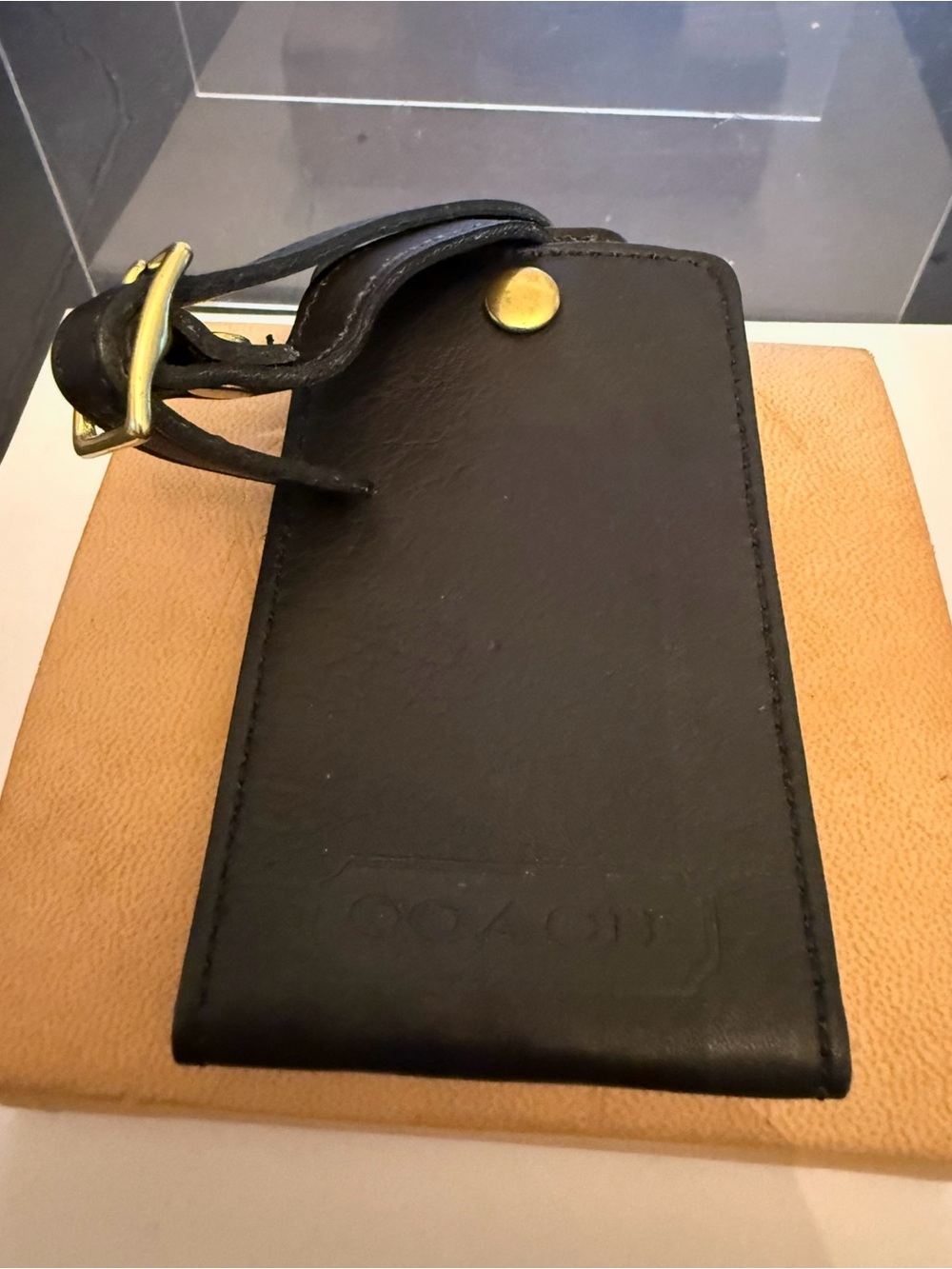 Vintage COACH Luggage Bag Travel Tag ID Black Leather 4.5"X2.5"